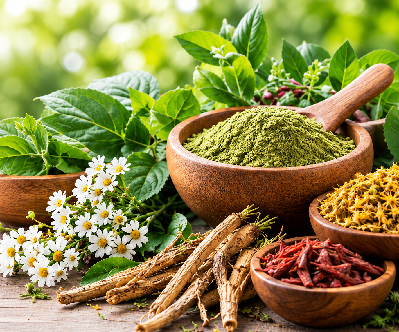 Rustic Herbal Bounty in Wooden Bowls